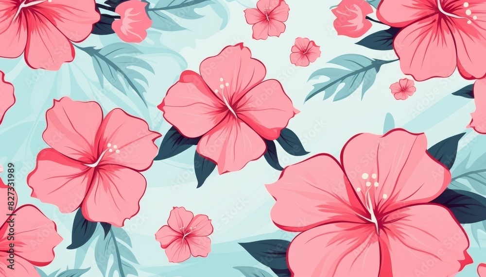 Seamless pattern with pink hibiscus flowers and leaves on a light blue background, perfect for textile, wallpaper, and decorative design. Seamless pattern with pink hibiscus flowers and leaves on a light blue background, perfect for textile, wallpaper, and decorative design.