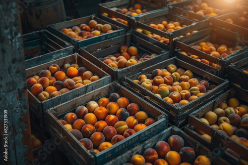 Fresh ripe peaches in wooden crates at orchard warehouse on sunny day, embracing summer fruit theme