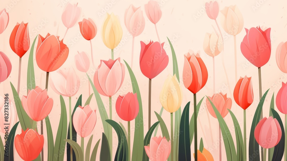 A seamless pattern of tulip daisies with green leaves on a light background. Perfect for spring and summer themed designs. A seamless pattern of tulip daisies with green leaves on a light background. Perfect for spring and summer themed designs.