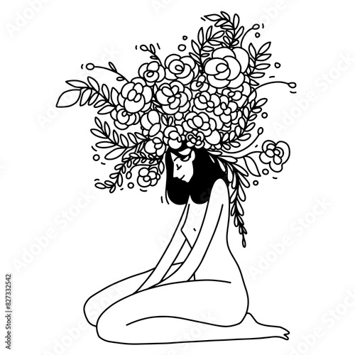 woman with flower on the head line. Vector illustration (ID: 827332542)