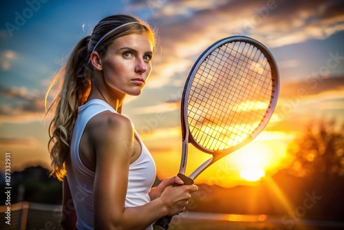 A woman is holding a tennis racket and standing in front of a sunset © Евгений Порохин