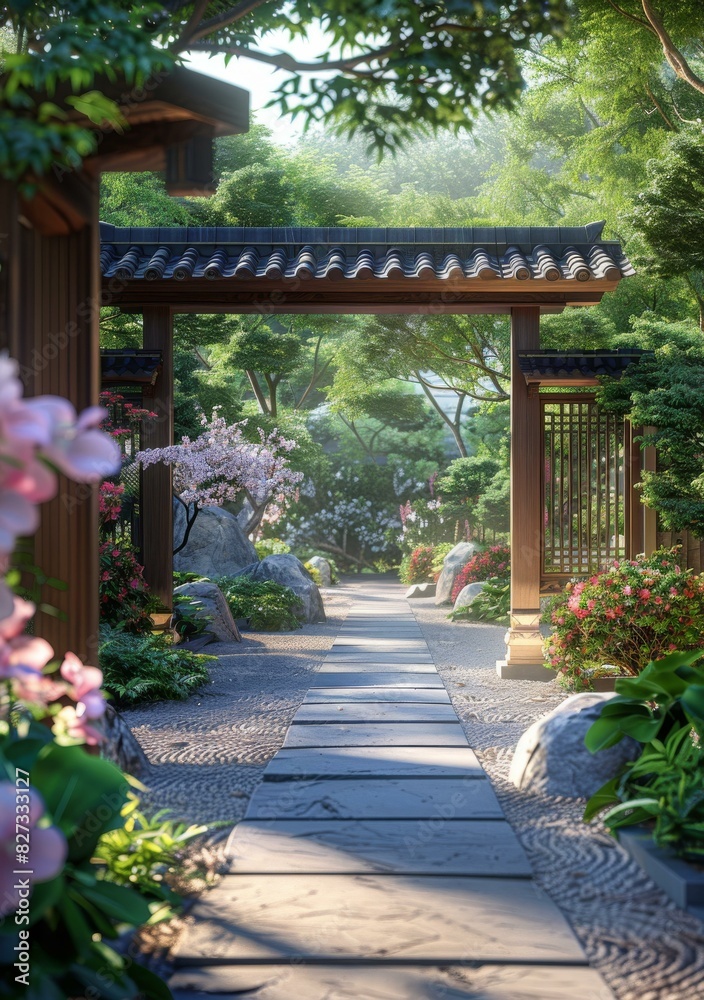 Peaceful Japanese Garden with Traditional Architecture