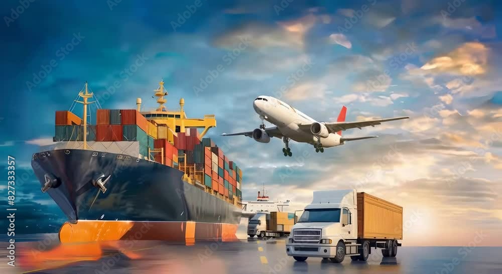 A large cargo ship container truck stands with a plane in the background, Transportation, logistics, global trade concept