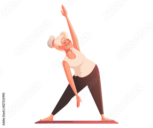 Senior woman going exercise, stretching, practicing Pilates. Active sports for flexibility and relaxation, maintaining health. Elderly person moves towards longevity, healthy lifestyle. Vector cartoon