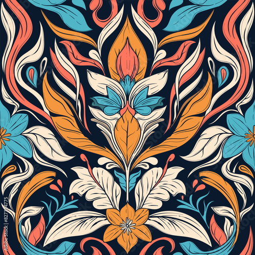 a blue-themed bohemian-style pattern with crisscrossing leaves