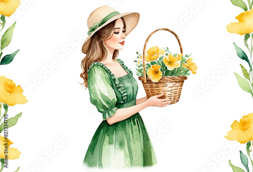 Young Woman Gardening Watercolor Illustration
