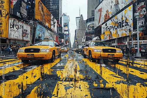 Yellow taxis drive on a busy street in New York City.