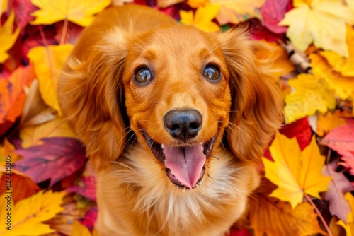 Adorable dachshund puppy joyfully playing in colorful autumn leaves with tongue sticking out