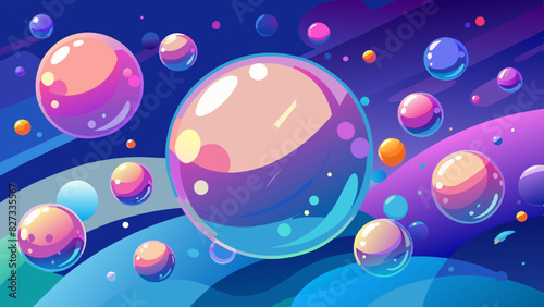 Floating soap bubbles illustration. Vibrant space bubbles floating in a cosmic setting. Colorful planets represented as glossy bubbles in space. Illustration of shiny, multicolored space bubbles