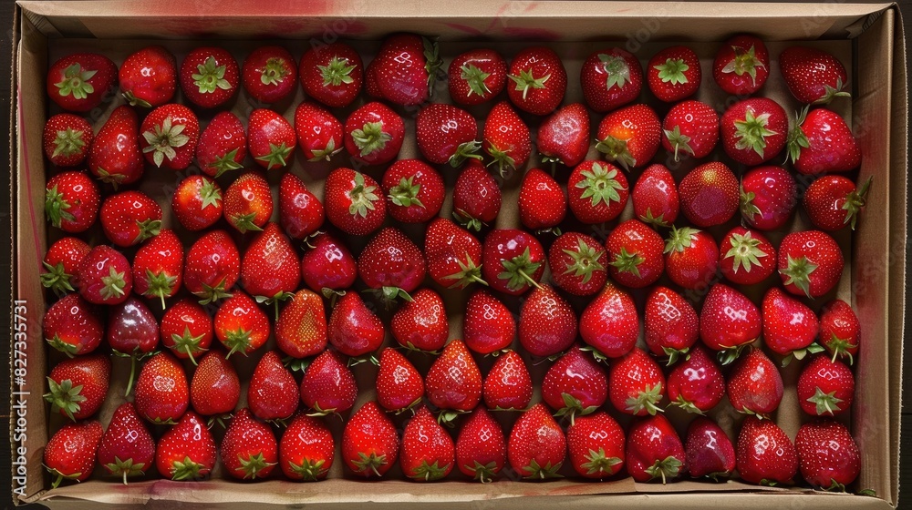 Freshly picked organic strawberries arranged neatly in rows in a box