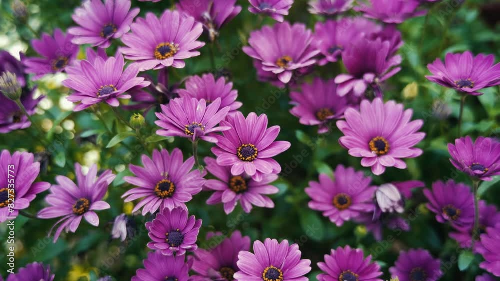 Shot of vibrant purple daisies blooming in a garden. Shot of vibrant purple daisies blooming in a garden.