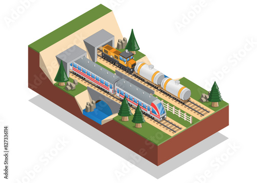 Railway tunnels. Isometric. Isolated on white background. Vector illustration.