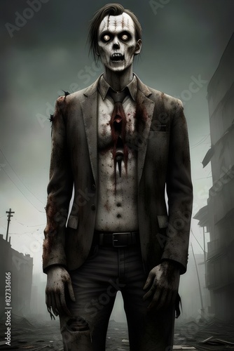 a an illustration digital painting of a scarey evil zombie wearing a suit with a destroyed city in thr background, Undead, Horror, Apocalyptic, Ruins, Darkness, Fearsome, Grotesque, Menacing, Nightmar photo
