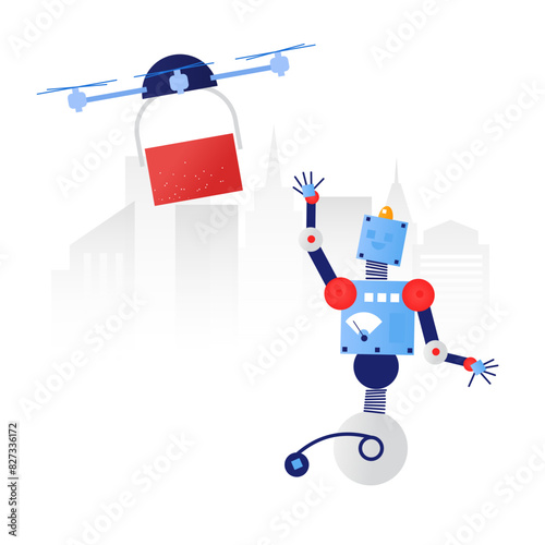 Robot using drone to deliver package