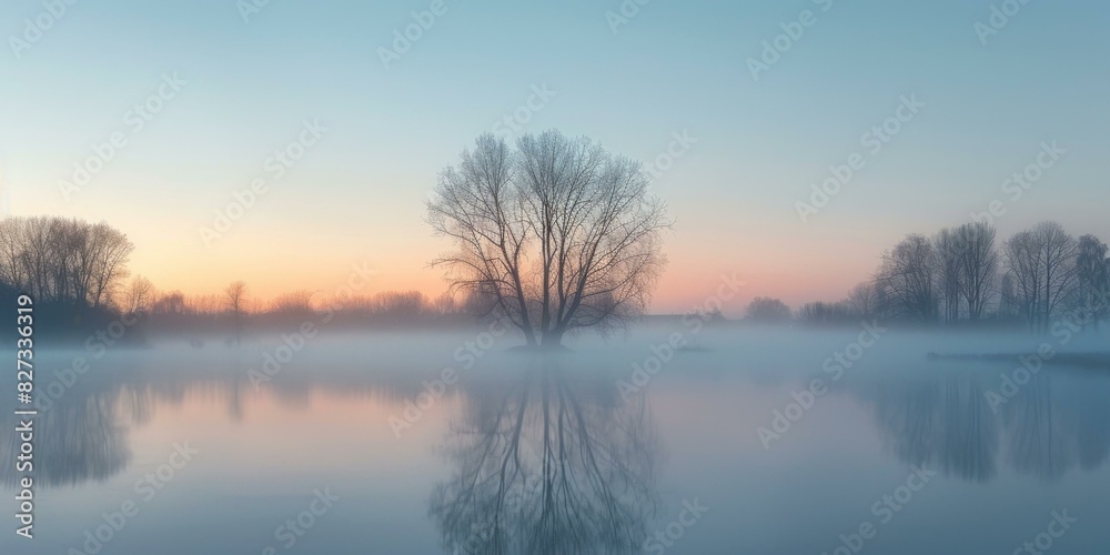 A lonely tree stands in the middle of a misty lake at sunrise.