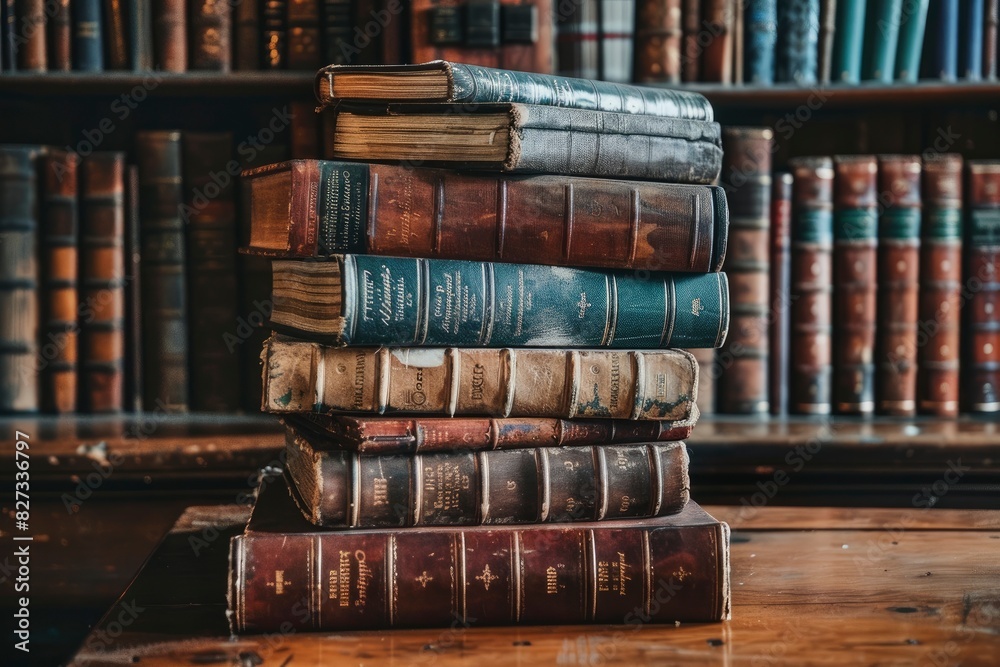 STACK OF BOOKS ON THE TABLE IN LIBRARY - generative ai STACK OF BOOKS ON THE TABLE IN LIBRARY - generative ai