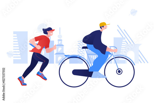 Woman running behind man riding bicycle