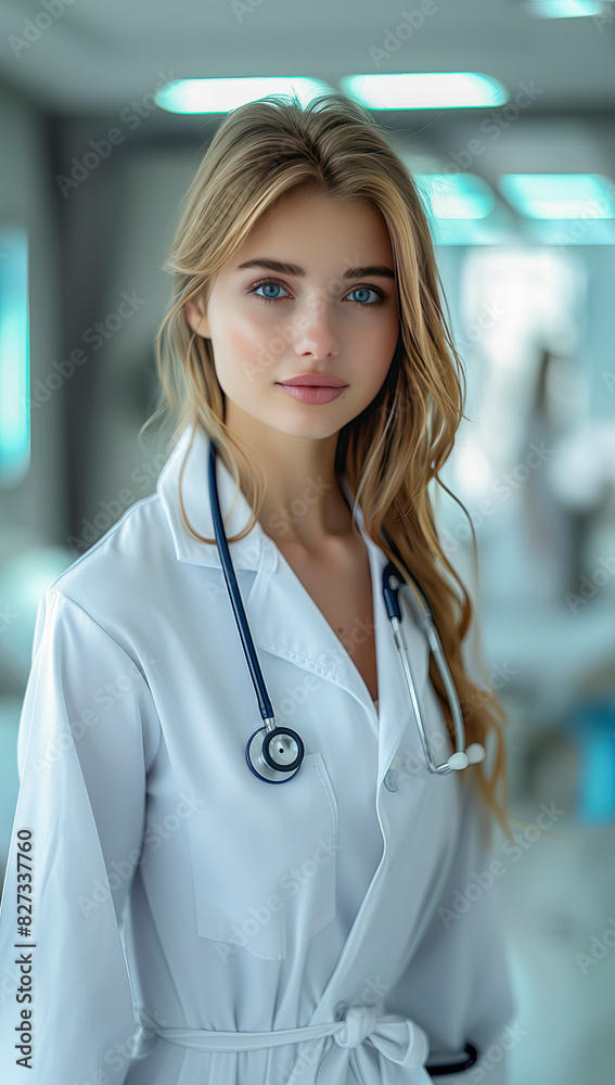 Fototapeta premium Girl doctor in a white coat with a stethoscope on her neck in a medical office