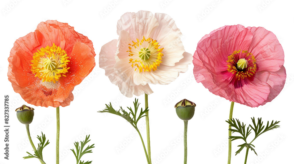 Obraz premium Iceland poppy on transparent background, a vibrant and colorful bloom showcasing delicate petals and natural beauty. Ideal for botanical and floral designs, this isolated flower brings a touch of spri
