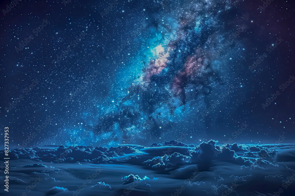 Panorama blue night sky milky way and star on dark background.Universe filled with stars, nebula and galaxy with noise and grain.with blur shadow.
