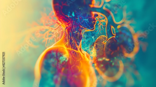 Urinary system anatomy, close up, focus on, copy space, vibrant colors, Double exposure silhouette with kidneys photo