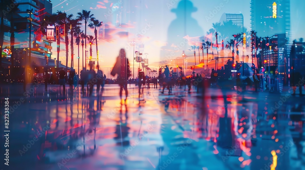 Obraz premium Vibrant cityscape with palm trees and silhouettes at sunset reflecting on wet pavement, creating a colorful and dreamy urban scene.
