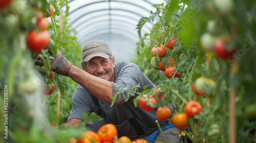 Smiling farmer in a cap and suspenders harvests ripe tomatoes in a greenhouse filled with healthy plants