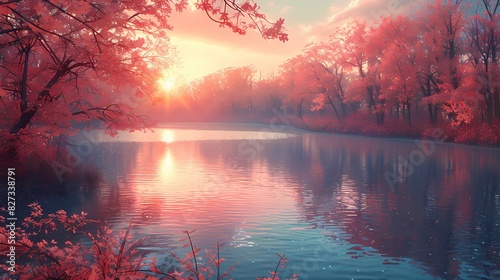 tranquil lake surrounded by trees in soft liquid hues
