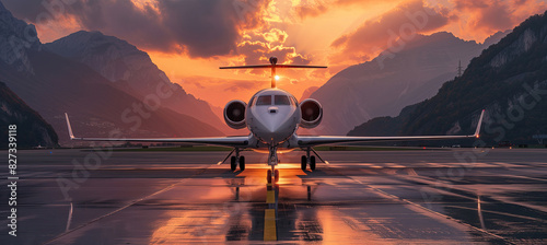 Modern business jet standing on a parking position during sunrise. photo