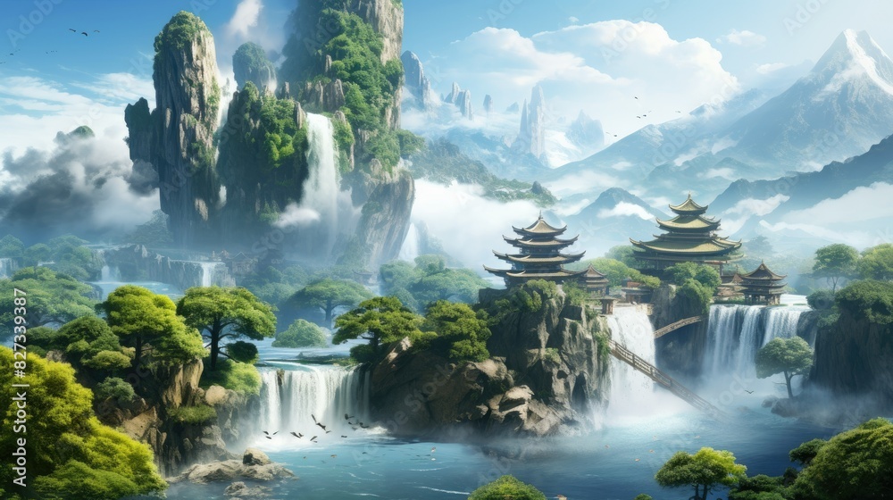 A surreal landscape of floating islands with cascading waterfalls and vibrant foliage A surreal landscape of floating islands with cascading waterfalls and vibrant foliage