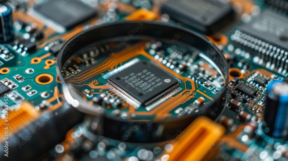 Close up of computer microchips under magnifying glass with space for text placement Close up of computer microchips under magnifying glass with space for text placement