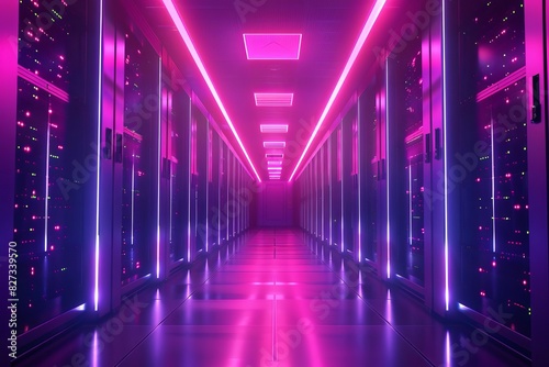 A long, brightly lit hallway with rows of server racks on either side. The racks are filled with blinking lights and the air is filled with the sound of humming fans.