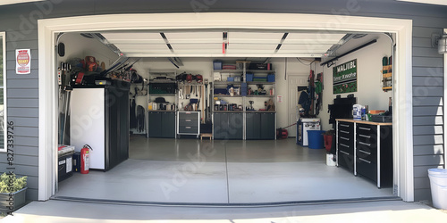 A residential garage shown with its wide door open revealing well-organized contents