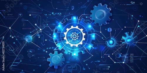 Abstract digital background with blue color, gears and icons of the energy industry on dark blue background
