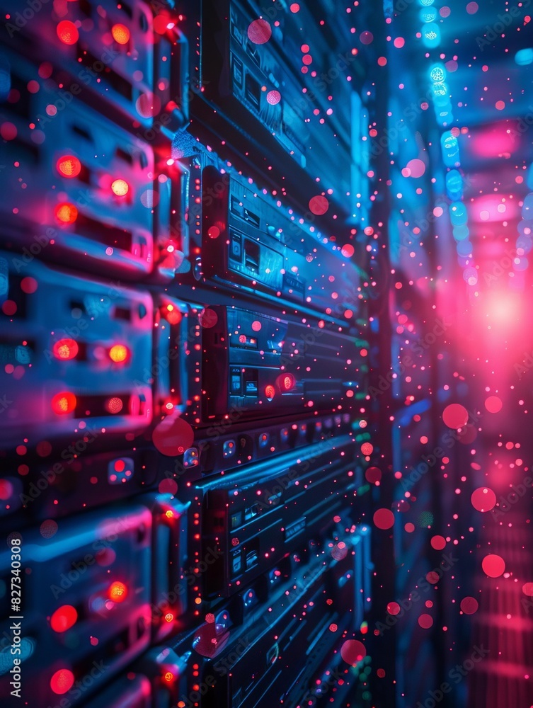 Fototapeta premium A data center full of servers. The red lights indicate high activity.