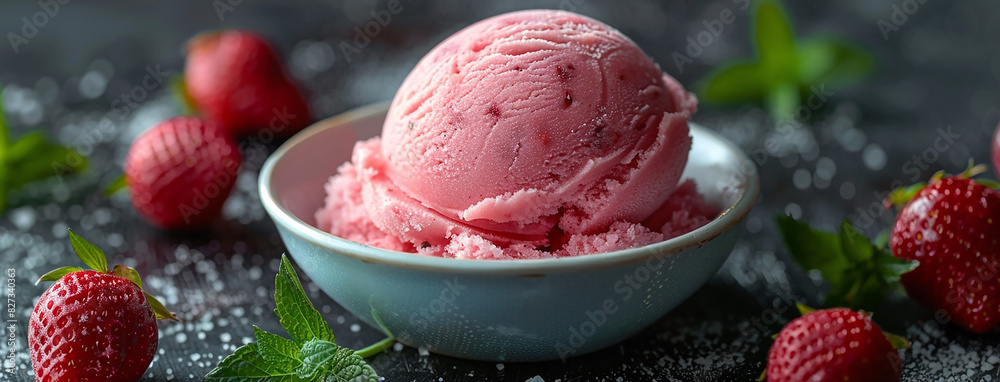 Wide banner photo of delicious scoop of Strawberry ice cream sorbet on a icecream cup with fruits and pieces around in white background Wide banner photo of delicious scoop of Strawberry ice cream sorbet on a icecream cup with fruits and pieces around in white background
