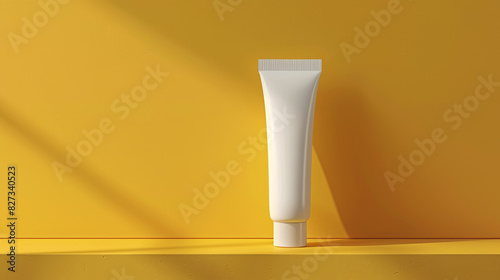 A tube of white toothpaste is sitting on a yellow surface