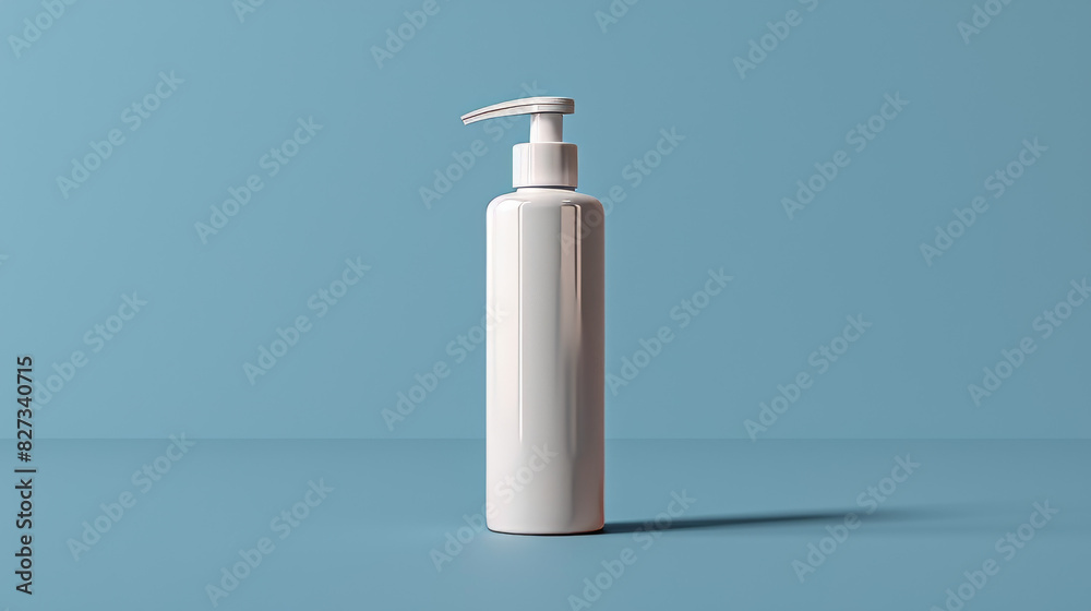 A white bottle of lotion sits on a blue surface A white bottle of lotion sits on a blue surface