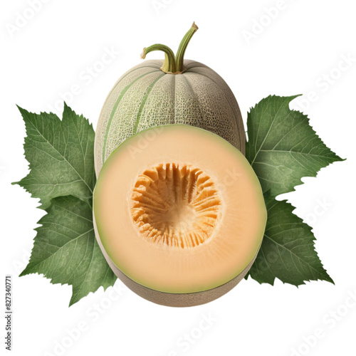melon with leaves isolated on transparent background, old botanical style
