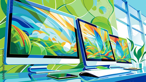 Modern Dual Monitor Workspace with Vibrant Abstract Wallpaper