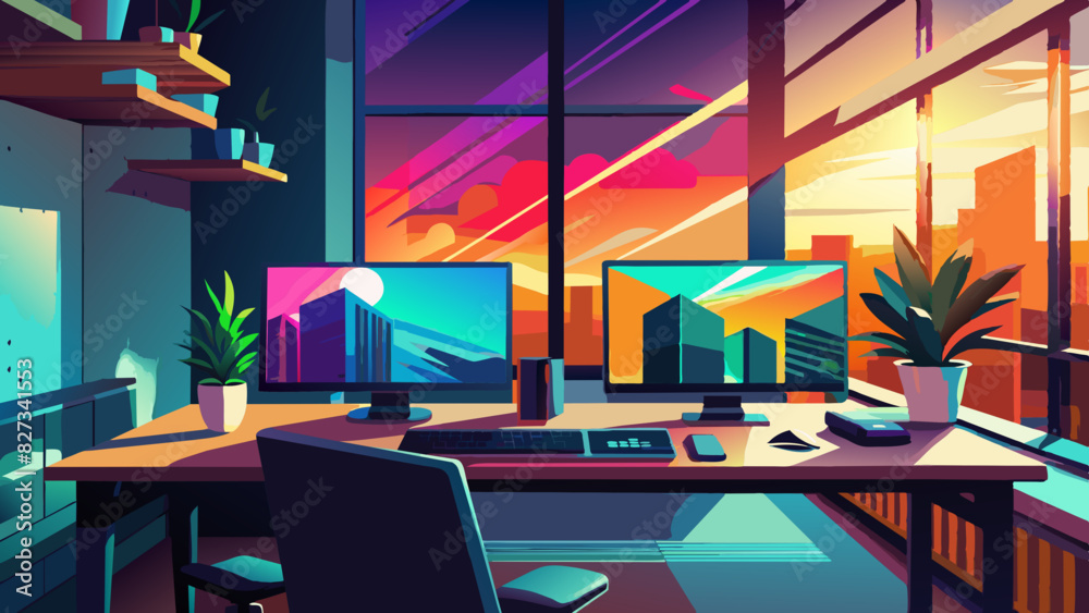 Modern Home Office with Dual Monitors and Sunset View