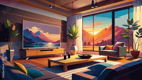 Modern Living Room with Panoramic Mountain View at Sunset