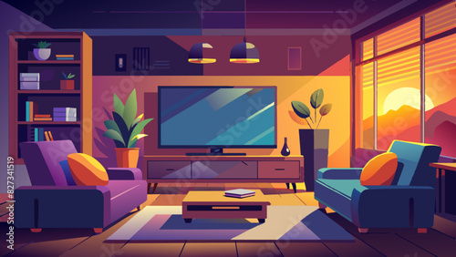 Cozy Modern Living Room Interior at Sunset with Warm Lighting