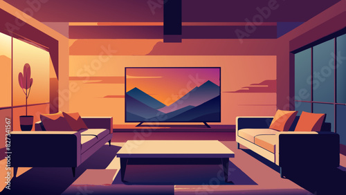 Modern Living Room Interior with Panoramic Windows at Sunset