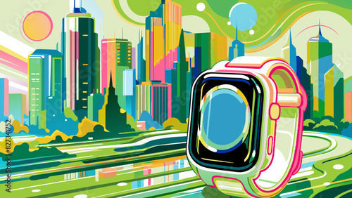 Futuristic Cityscape with Vibrant Smartwatch Illustration