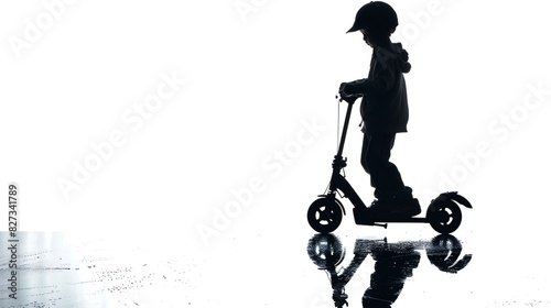 hovering children s scooter, isolated on white background, close up, striking shades, Double exposure silhouette with playground