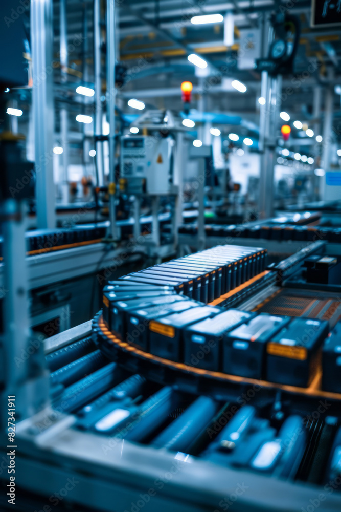 Obraz premium An electric vehicle battery production line is in action, with new cells on the conveyor belt and machinery working around them.