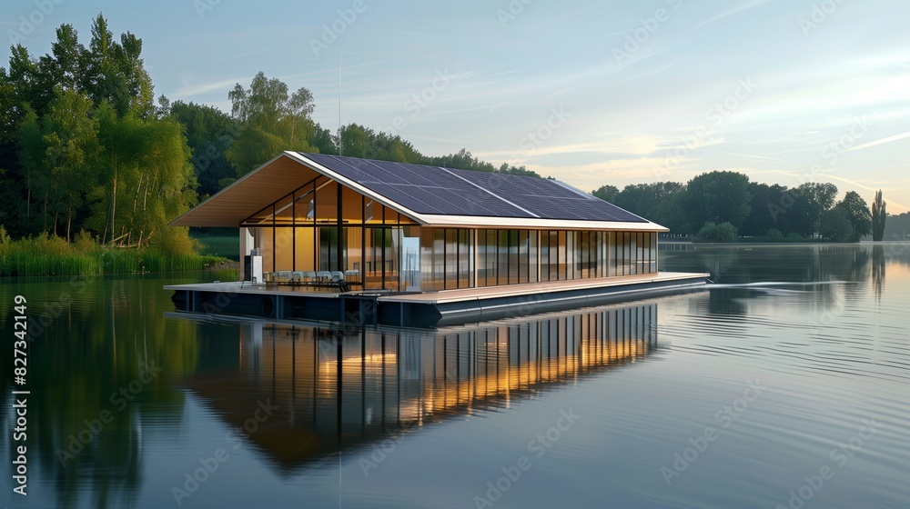 An eco-friendly floating conference center on a serene lake, powered by solar and green technologies.