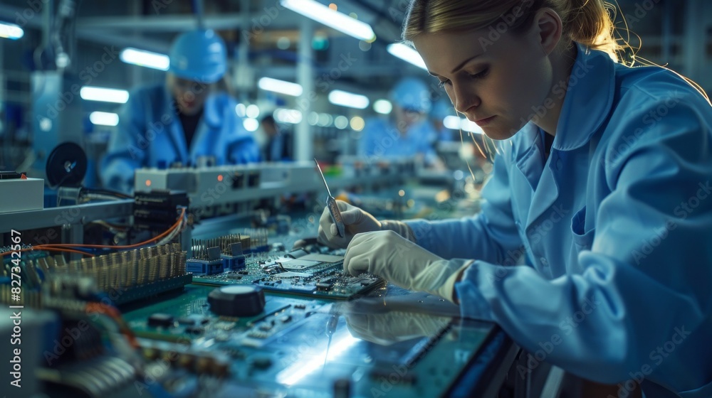 A woman is working on a computer chip A woman is working on a computer chip