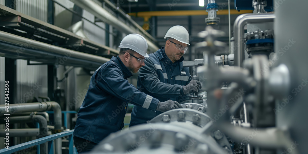 Two engineers in hard hats are having a discussion in a factory setting amidst industrial equipment Two engineers in hard hats are having a discussion in a factory setting amidst industrial equipment